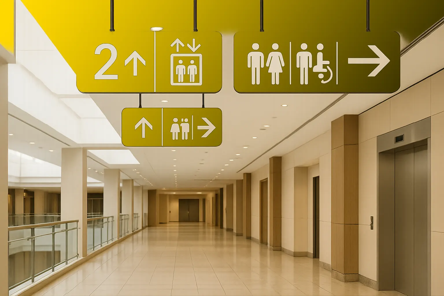 AVM veya otel ortamında kullanılan tavan tipi yönlendirme tabelası uygulaması